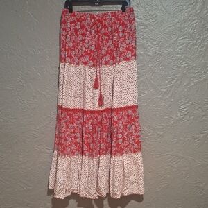Solitaire By Antroplogie Women's Red and Cream Floral Maxi Skirt Size XL